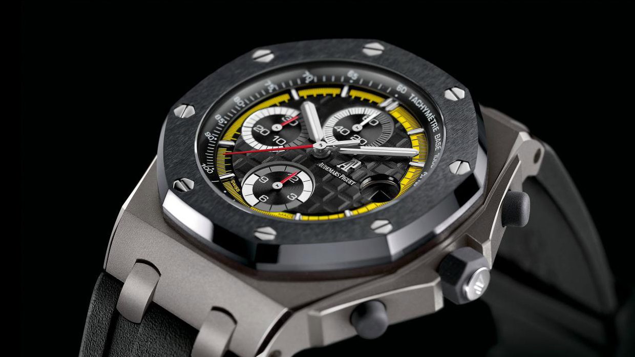 Audemars Piguet Royal Oak Offshore chronograph with yellow accents